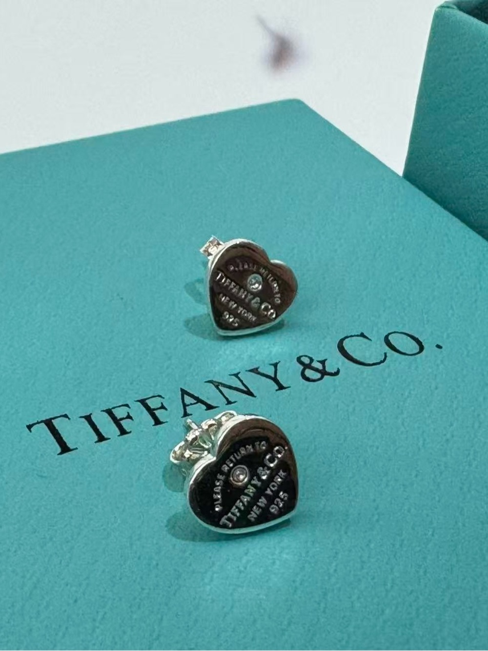 Tiffany & Co. Silver Heart Stud Earrings with Teal Accents